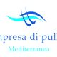 Logo "Impresa di pulizie Mediterranea" con onde blu stilizzate.