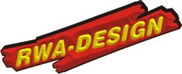 Logo mit gelbem Text "RWA-DESIGN" auf rotem Hintergrund in dynamischem, schrägem Stil.