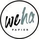 Logo mit Schriftzug "we ha PAPIER" in schwarzem und türkisblauem Kreis.