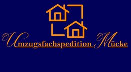 Logo mit orangenen Häusern und Schriftzug "Umzugsfachspedition Mücke" auf dunkelblauem Hintergrund.