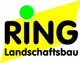 Logo mit gelbem Hintergrund: "RING Landschaftsbau" in schwarzer Schrift, grüner Punkt über "I".