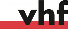 Logo mit den Buchstaben "vhf" in Schwarz auf weißem und rotem Hintergrund.