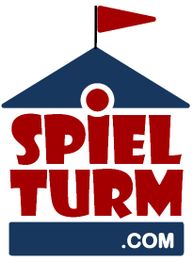 Logo: Rotes Dreieck, blauer Dachrahmen, roter Schriftzug "SPIELTURM", Webseite ".COM".