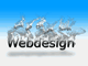 Text "Webdesign" vor blauem Hintergrund mit rauchähnlichen Worten: HTML, PHP, CSS, Grafik, Design.