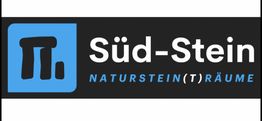 Logo von Süd-Stein mit blauem Symbol links und dem Slogan "Naturstein(t)räume" auf schwarzem Hintergrund.