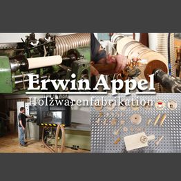 Erwin Appel Holzwarenfabrikation mit Maschinen, Holzarbeiten und fertigen Holzprodukten.