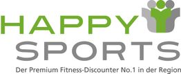 Logo von Happy Sports mit Slogan: "Der Premium Fitness-Discouter No.1 in der Region".