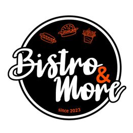 Schwarzes Bistro-Logo mit Hotdog, Burger, Pommes und Text: "Bistro & More, since 2023".