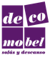 Logo de Decómobel con texto "sofás y descanso" en púrpura.
