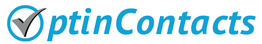 OptinContacts logo with a black checkmark and blue text on a white background.