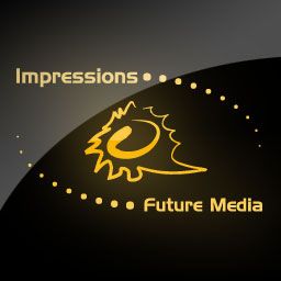 Logo mit gelbem Design, Aufschrift "Impressions" oben, "Future Media" unten auf schwarzem Hintergrund.