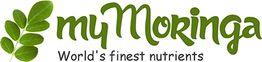 Logo mit grünem Blatt und Text: "my Moringa, World's finest nutrients".