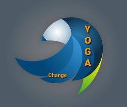 Abstraktes Logo mit Kreisen und der Aufschrift "YOGA" und "Change" auf grauem Hintergrund.