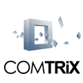 Logo von COMTRIX mit einem 3D-Würfel und herausschwebenden Teilen.
