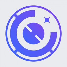 Abstraktes, blau-lila Kreis-Logo mit geometrischen Formen auf weißem Hintergrund.