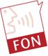 Logo mit Gesicht, Schallwellen und rotem Balken mit "FON" unten.