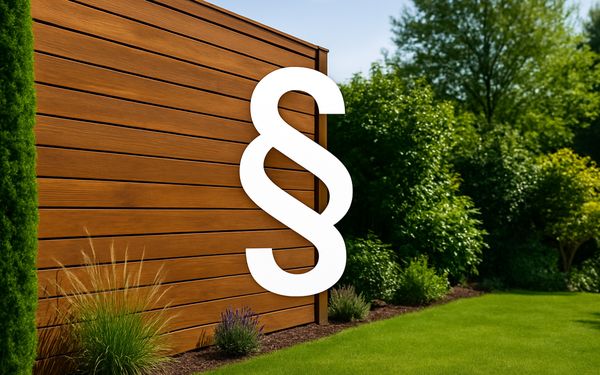 Holzsichtschutz in modernem Garten. Im Vordergrund ist ein weißes Paragrafenzeichen 