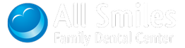 Logo for All Smiles Family Dental Center with a blue smiling face icon on a black background.