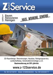 Mann mit Helm hält Bauplan vor Haus, Text "Bauen, Renovieren, Reinigen" und Website-Infos.
