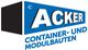 Logo von Acker, Container- und Modulbauten, mit blauem und schwarzem Design.