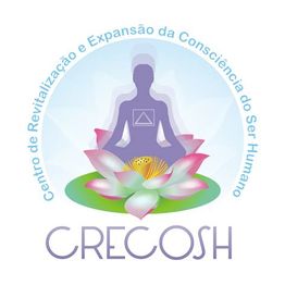 Silhueta meditando com flor de lótus e logo "CRECOSH" embaixo. Texto circular ao redor.