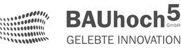 Logo von Bauhoch5 GmbH mit Slogan „GELEBTE INNOVATION“ und abstraktem Punktmuster links.