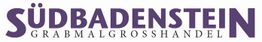 Text: "SÜDBADENSTEIN GRABMALGROSSHANDEL" in lila Schrift auf weißem Hintergrund.