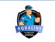 Cartoon plumber in blue uniform, "Aqualine" logo with plumbing, electrical, air conditioning text.
