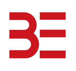 Rode letters "BE" op een witte achtergrond.