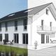 Zweifamilienhaus, links farbig mit Gartenmöbeln, rechts schwarz-weiß gezeichnet.