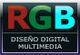 Texto "RGB Diseño Digital Multimedia" en colores rojo, verde y azul sobre fondo negro.