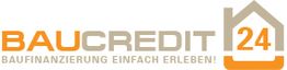 Logo von "Baucredit 24" mit Hausmotiv, Slogan: "Baufinanzierung einfach erleben!".