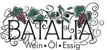Logo mit „BATALIA“, darunter „Wein • Öl • Essig“, verziert mit Weinreben und Blättern.