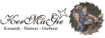 Logo mit Text: "KerMaGe - Keramik, Malerei, Gießerei", daneben ein Zauberer mit Sternstab.