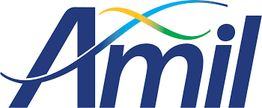 Logotipo da Amil com um design curvo multicolorido acima do texto em azul.