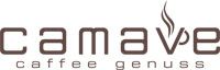 Logo mit Schriftzug "camave caffee genuss" und einer dampfenden Kaffeetasse als Teil des Designs.