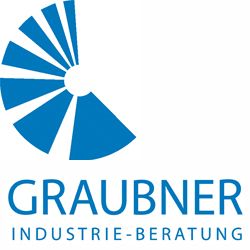 Blaues Logo von Graubner Industrie-Beratung mit stilisiertem Kreisdiagramm.