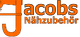 Logo mit Text "Jacobs Nähzubehör", stilisiertes "J" als Nähmaschine, orange und schwarz.