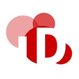 Logo mit roten und rosafarbenen Kreisen und weißem Buchstaben "D" auf weißem Hintergrund.