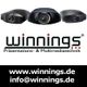 Drei Projektoren über dem Text "winnings" mit Kontaktinformationen und Website unten.