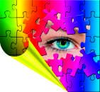 Œil coloré parmi des pièces de puzzle multicolores, créant un effet visuel vibrant.