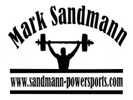 \"Silhouette eines Gewichthebers mit Text: Mark Sandmann, www.sandmann-powersports.com\"