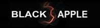 Texto "BLACK APPLE" em fundo preto com um contorno de maçã vermelha como um "B".