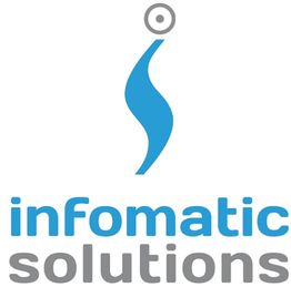 Logo with a blue abstract design and text: "Infomatic Solutions".