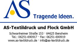Logo von AS-Textildruck mit Kontaktinformationen und Slogan "Tragende Ideen".
