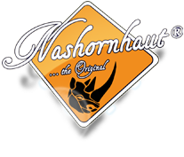 Logo: Orangene Raute mit Nashorn und Text "Nashornhaut ...the Original".