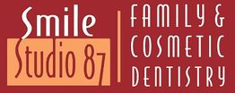 Smile Studio 87 logo: Family & Cosmetic Dentistry, on a red background.
