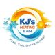 KJ's Heating & Air logo with snowflakes and sun, text: "Feel the Difference!"