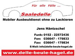 Werbung für Saaledelle: Mobiler Kfz-Ausbeuldienst ohne Lackierung mit Kontaktdaten.