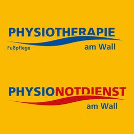 Gelbes Logo mit „PHYSIOTHERAPIE am Wall“ und „PHYSIONOTDIENST am Wall“ in Blau und Rot.